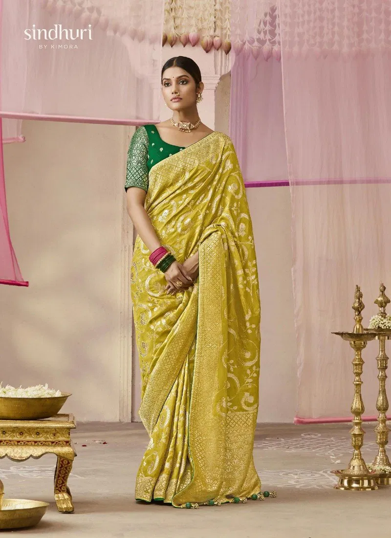 Yellow Colour Premika By Kimora Dola Viscose Silk Weddding Wear Saree Wholesale Price In Surat SA-284