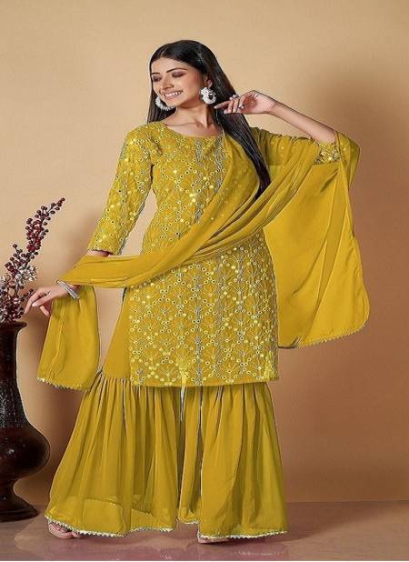 Yellow Colour Prisha Kurti Vol 4 Gerogette Sharara Readymade Suits Wholesale Maket In Surat RF27442