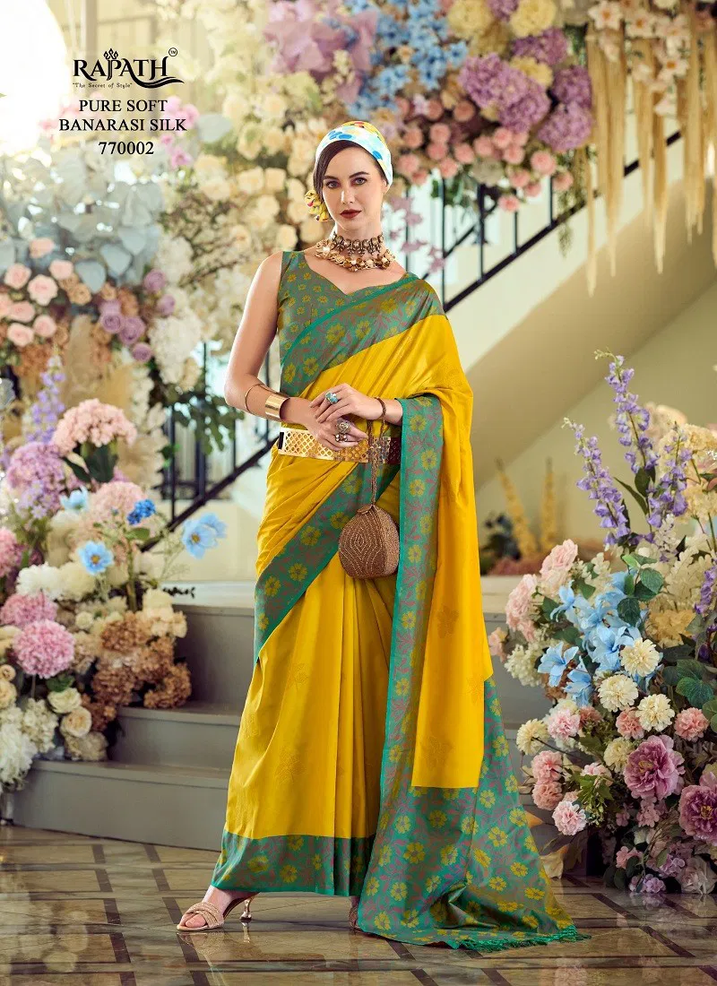 Yellow Colour Purple Martin By Rajpath Soft Silk Wholesale Saree Suppliers In Mumbai 770002