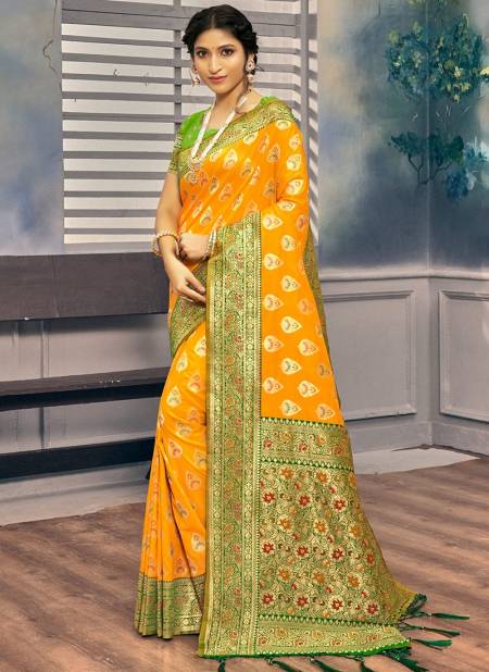 Yellow Colour Pushpanjali Sangam Wedding Wear Wholesale Banarasi Silk Sarees Catalog 1689