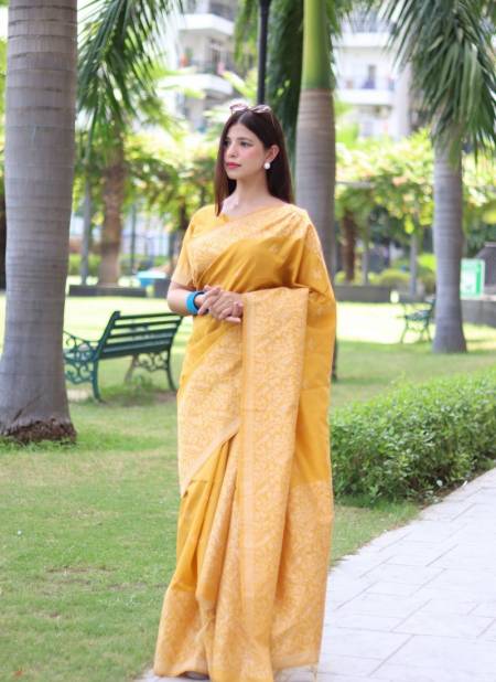 Yellow Colour RF Veena Handloom Raw Silk Designer Sarees Wholesale Shop In Surat RF27541