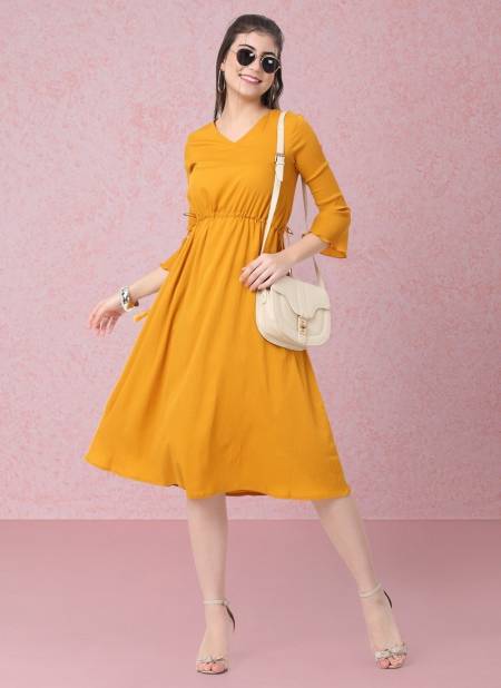 Yellow Colour Raisin American Crepe Party Wear Western Midi Dress Catalog OLRF0041