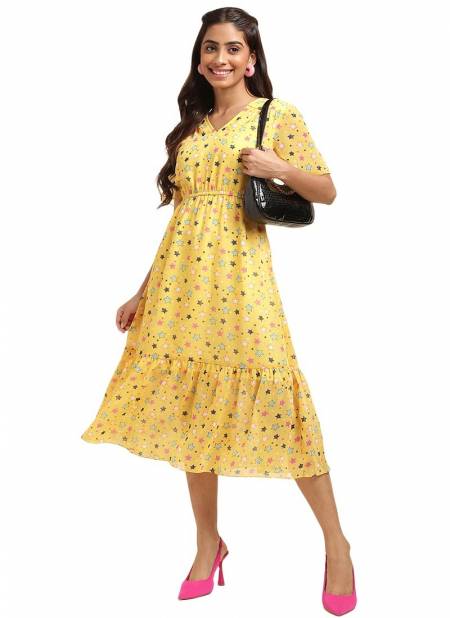 Yellow Colour Raisin American Crepe Party Wear Western Midi Dress Catalog OLRF0054