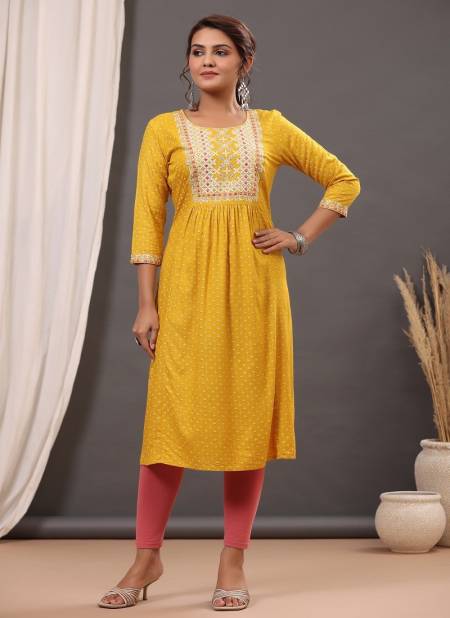 Yellow Colour Raisin Women's Rayon Embroidered Casual Daily Wear Kurti Catalog OLKUR0006