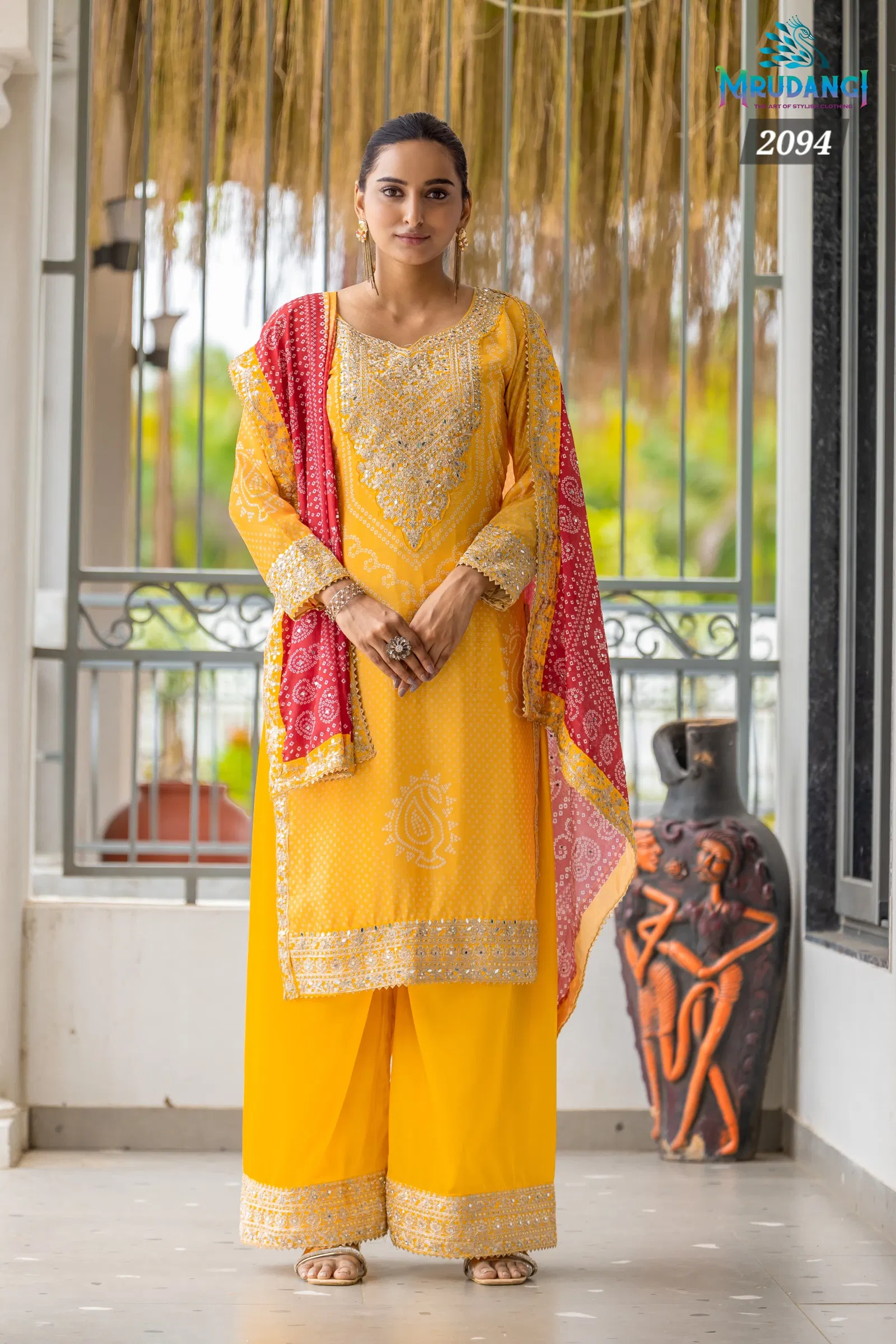 Yellow Colour Rakhi By Mrudangi Real Chinon Printed Palzzo Suits Wholesale Online 2094