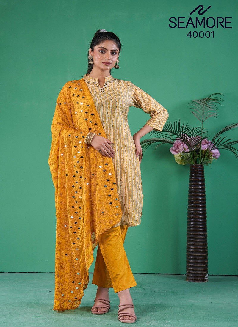 Yellow Colour Rim-Zeem By Seamore Cotton Blend Printed Kurti With Bottom Dupatta Suppliers In India 40001