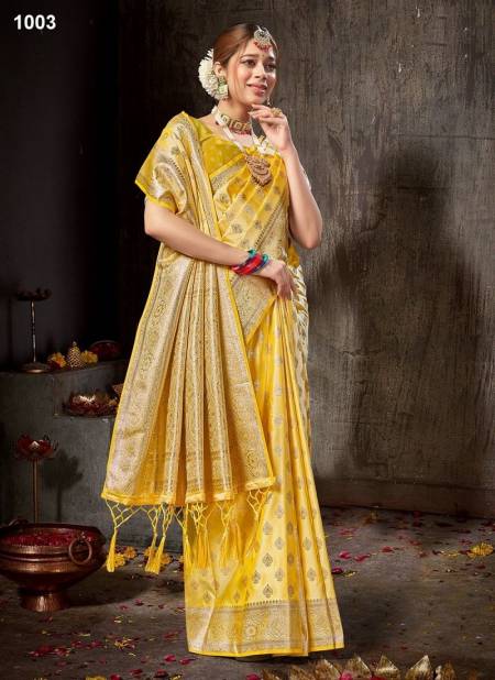 Yellow Colour Rishta By Sangam Banarasi Silk Designer Saree Catalog 1003 Catalog