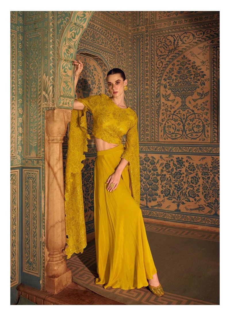 Yellow Colour Ruchika By Sayuri Chinon Silk Indo Western Wholesale Shop In Surat 5739