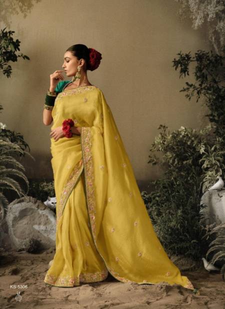 Yellow Colour Saawariya By Kimora Fancy Fabric Wedding Wear Saree Catalog 5306