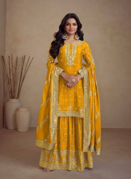 Yellow Colour Sadaf By Gulkayra Real Chinon Plazoo Readymade Suits Supplier In India 7466-E