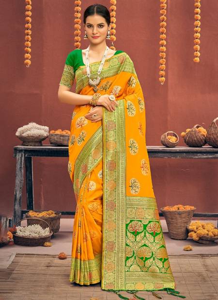 Yellow Colour Sadhna Silk Sangam Festive Wear Wholesale Banarasi Silk Sarees Catalog 1685
