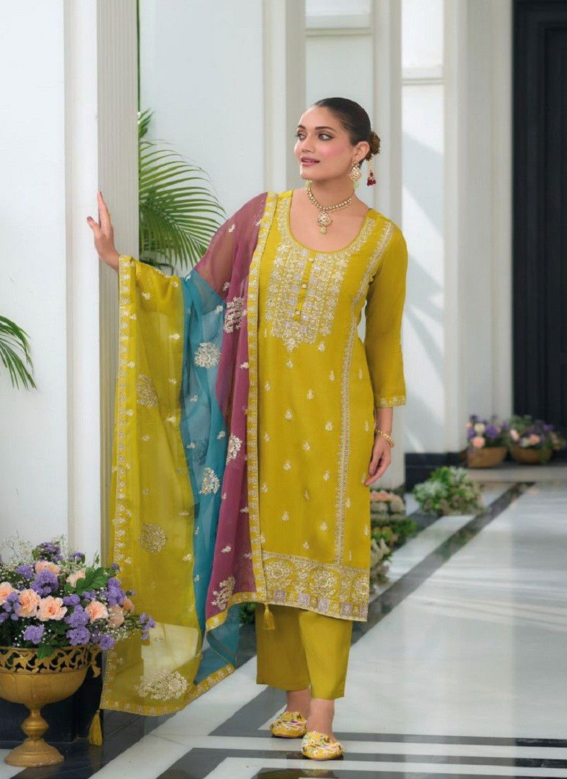 Yellow Colour Simer By Zaveri Chinon Embroidery Kurti With Bottom Dupatta Wholesale Online 1374