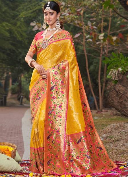 Yellow Colour Sonapari Sangam Wedding Wear Wholesale Silk Sarees Catalog 10004