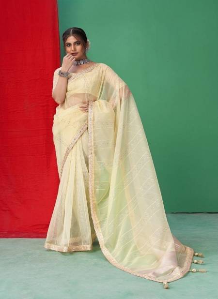 Yellow Colour Sumitra 198 A To 198 F Organza Lining With Coding Jari Work Border Saree Manufacturers 198 B