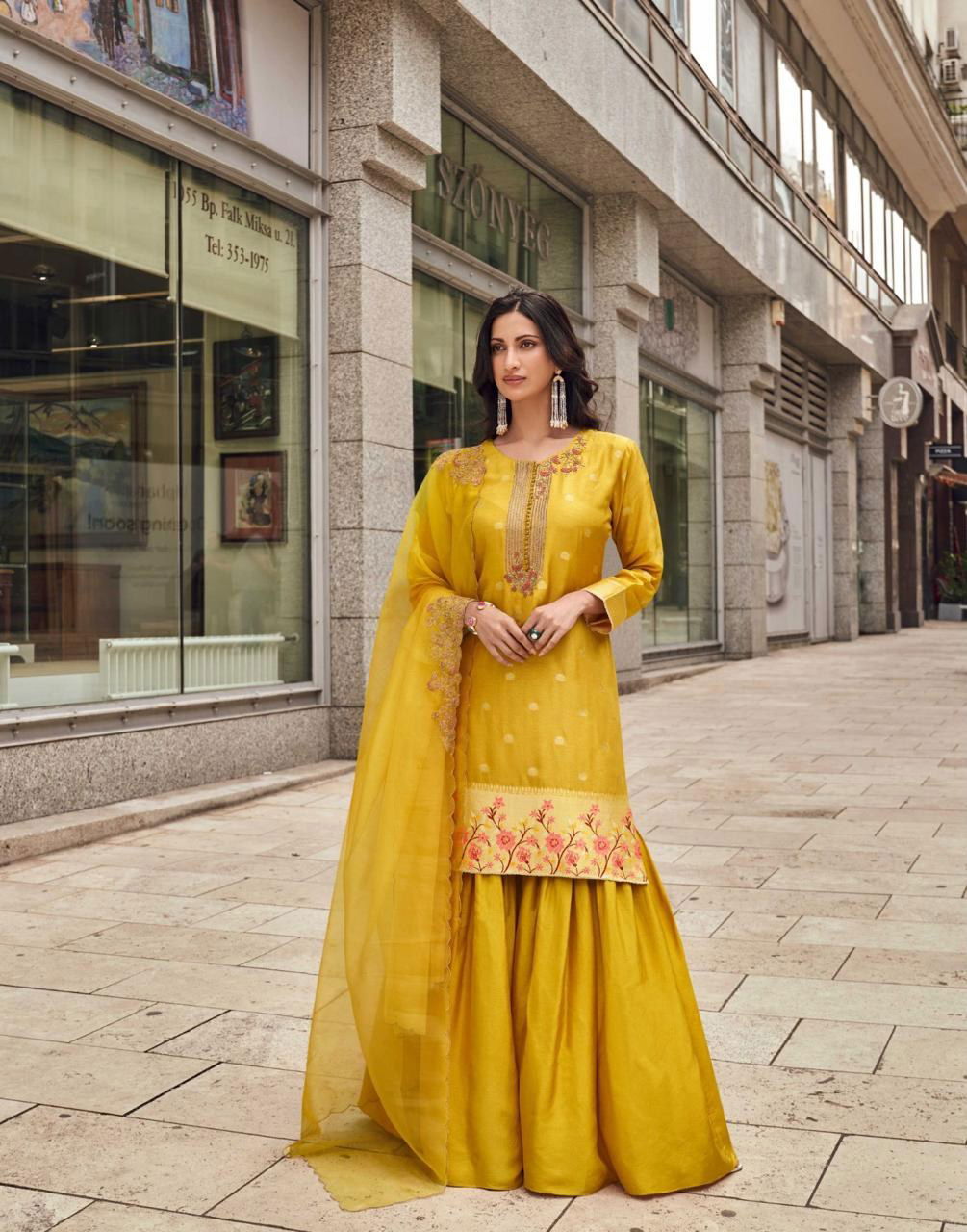 Yellow Colour Taraa By Sayuri Viscose Jacquard Silk Sharara Readymade Suit Wholesalers In Delhi 5633