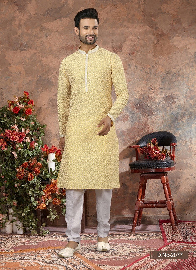 Yellow Colour Vol 10 Wedding Wear Mens Kurta Pajama Orders In India 2077