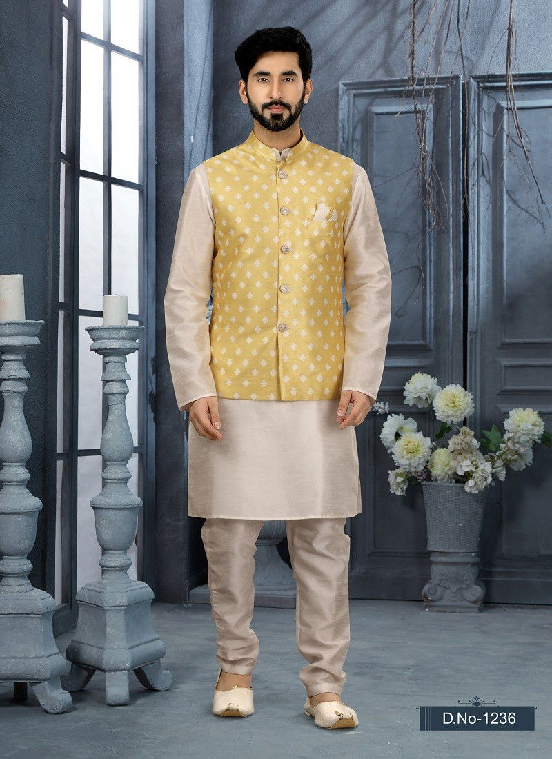 Yellow Colour Vol 11 Function Wear Mens Modi Jacket Kurta Pajama Wholesale Online 1236