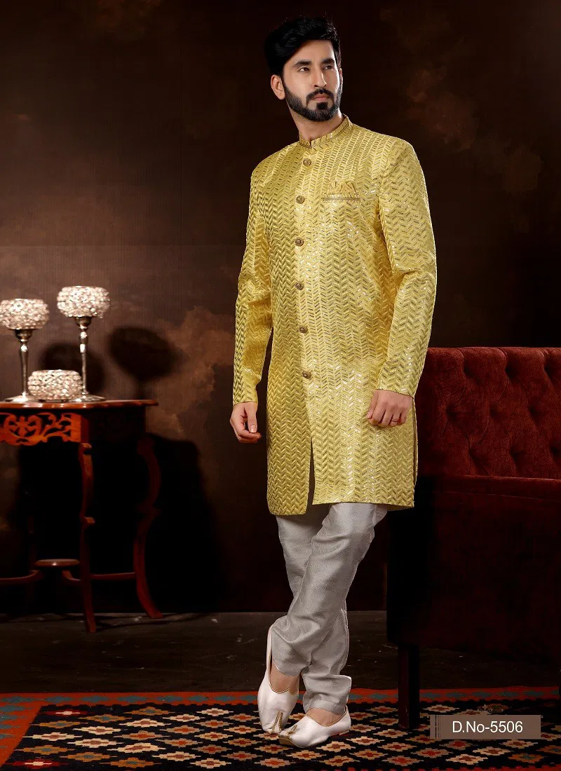 Yellow Colour Vol 12 Wedding Wear Mens Wholesale Sherwani In India 5506