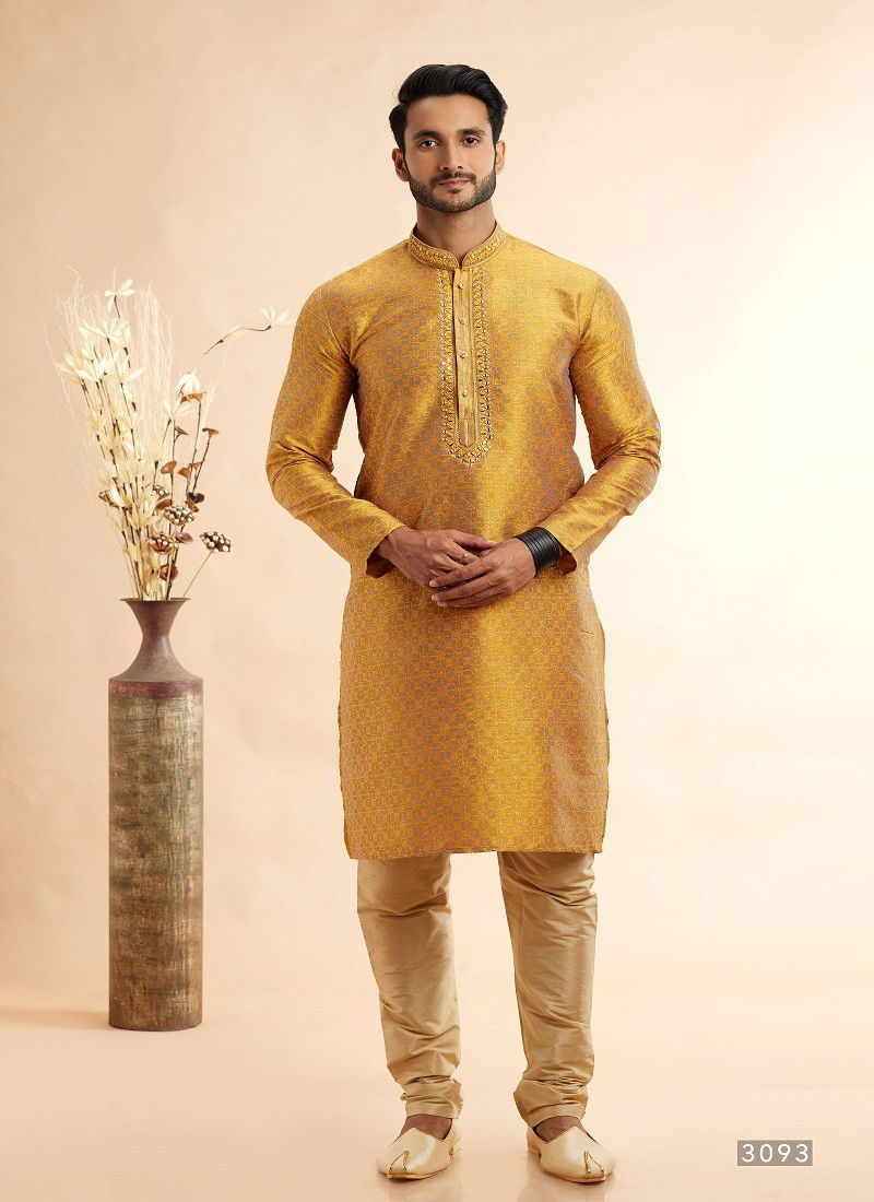 Yellow Colour Vol 93 Occasion Wear Jaquard Art Silk Mens Kurta Pajama Wholesale Online 3093