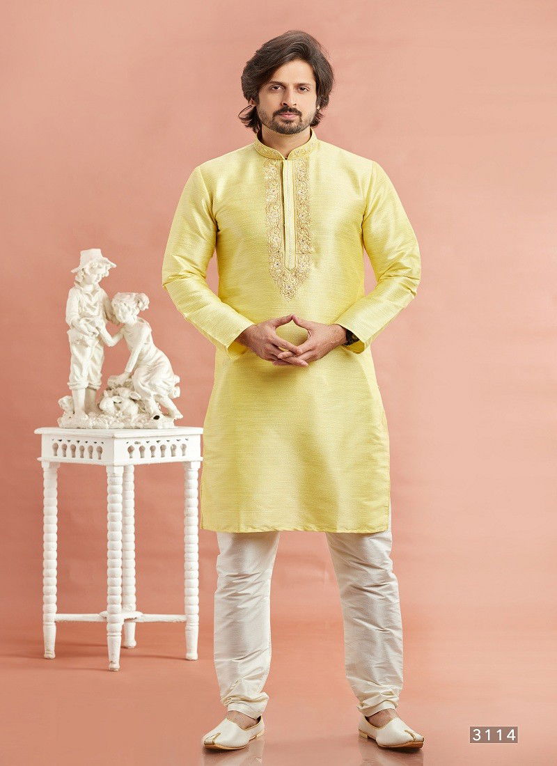 Yellow Colour Vol 95 Wedding Wear Banarasi Art Silk Mens Kurta Pajama Surat Wholesale Market 3114