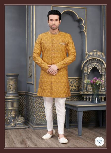 Yellow Colour Wedding Wears Art Embroidered Slik Kurta Pajama Suppliers In Mumbai 2240