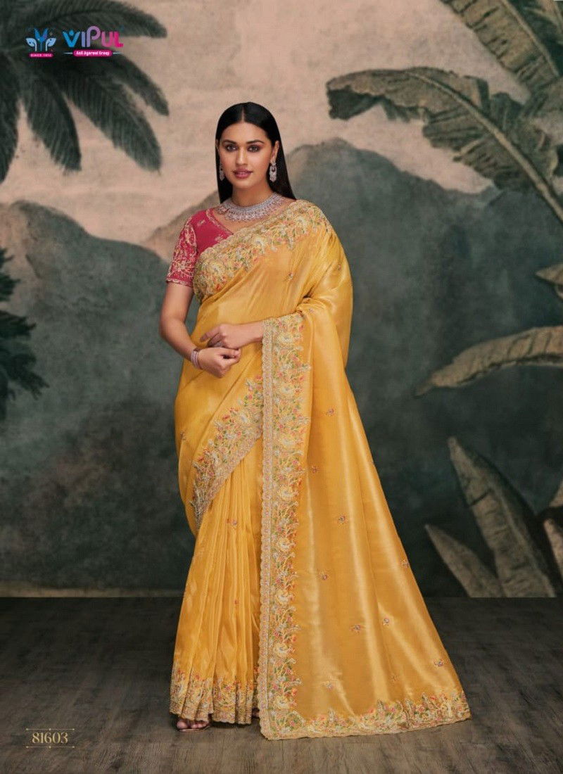 Yellow Colour Zari By Vipul Organza Party Wear Saree Wholesale Shop In India 81603