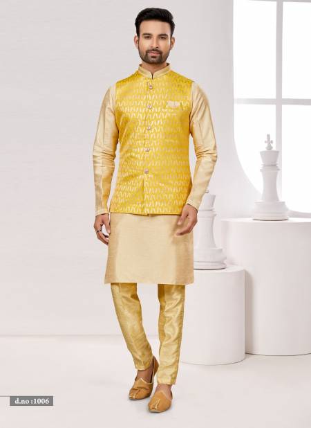 Yellow Cream Colour Function wear Lakhnavi Mens wear Modi Jacket Kurta Pajama Catalog 1006