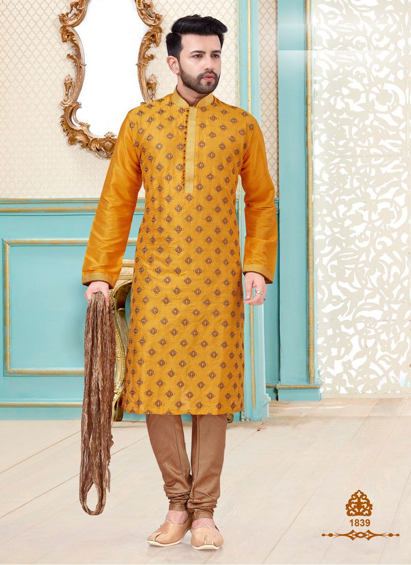 Yellow Dupion Silk Readymade Mens Kurta Payjama 1839