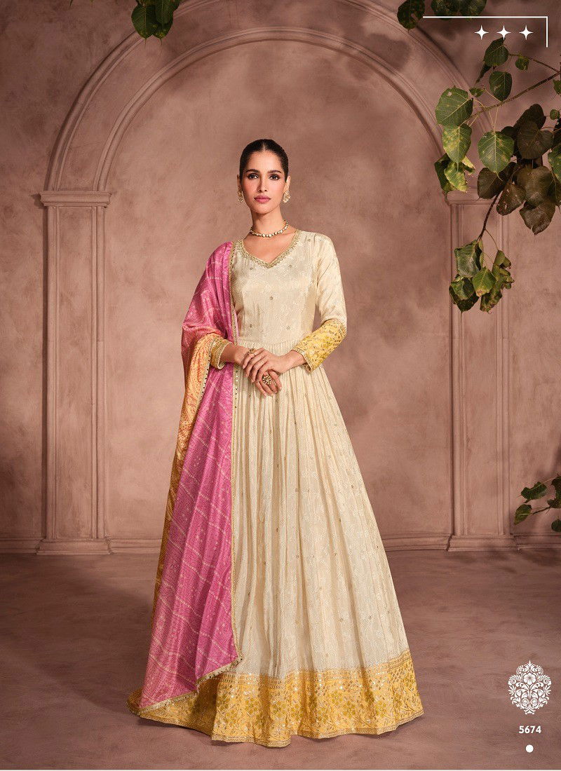 Yellow Multi Colour Gunjan By Sayuri Designer Jacquard Silk Gown With Dupatta Suppliers In India 5674