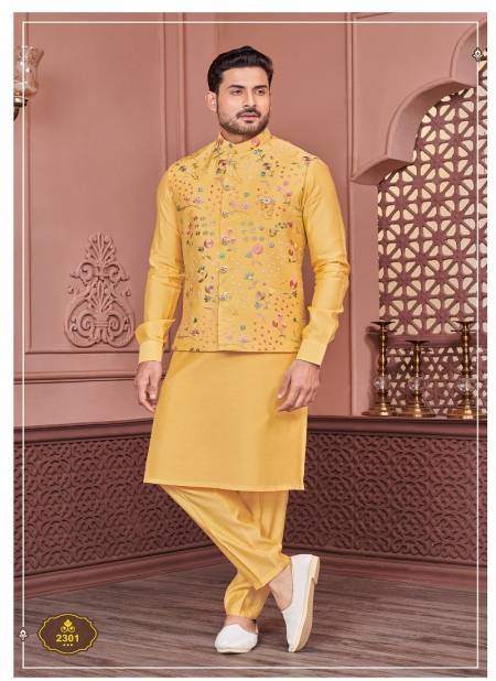 Yellow Multi Colour Occasion Wear Mens Modi Jacket Kurta Pajama Wholesale Market In Surat 2301