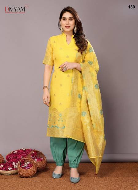 Yellow Multi Colour Sadhna By Divyam Chanderi Cotton Designer Kurtis With Bottom Dupatta Exporters In India 130