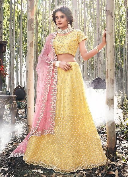 Yellow Zikkra Net Zarkan Work Designer Wedding Wear Lehenga Choli Collection 13001 Catalog