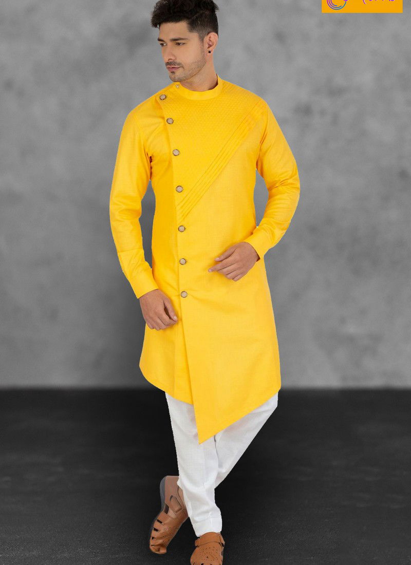 Yellow Outluk Vol 9 Eid Special Regular Wear Designer Plain Side Cut Kurta Pajama 9001