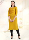 Yellow Straight Cut schiffli work Heavy Rayon Daily wear Designer Kurtis 1099