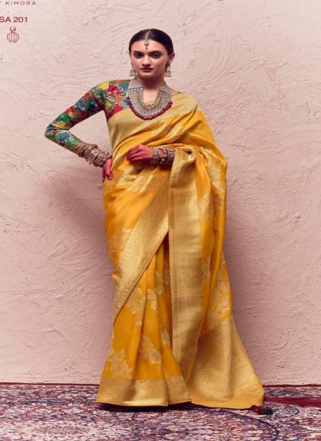 Yellow Sindhuri Kasturi By Kimora Zari Weaving Dola Silk Saree Catalog SA 201