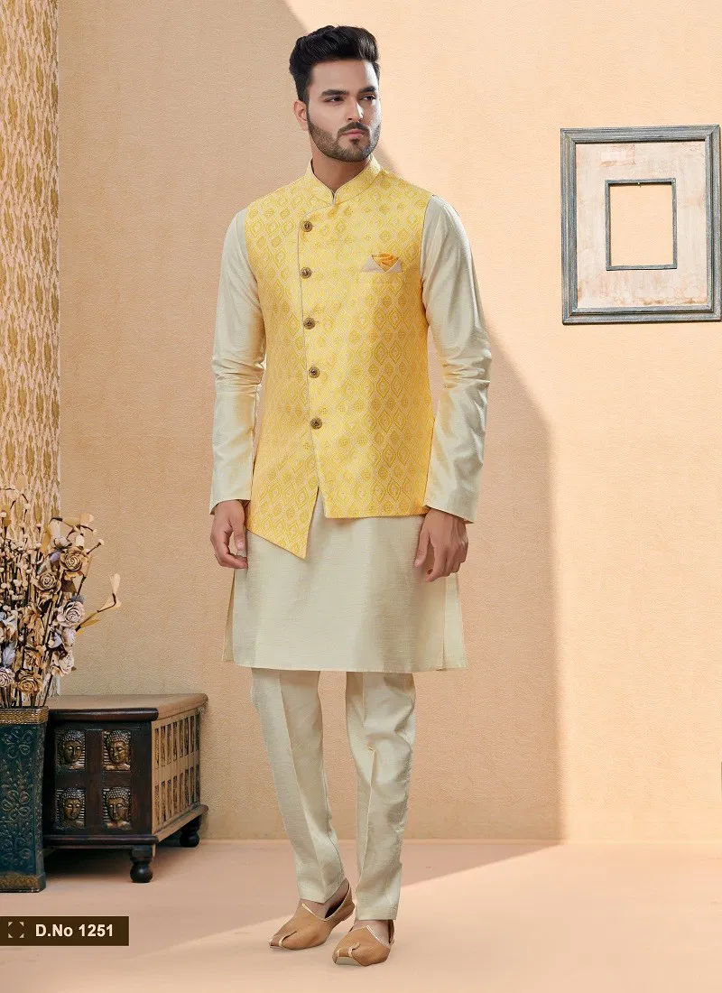 Yellow Vol 15 Wedding Wear Mens Modi Jacket Kurta Pajama Surat Wholesale Market 1251