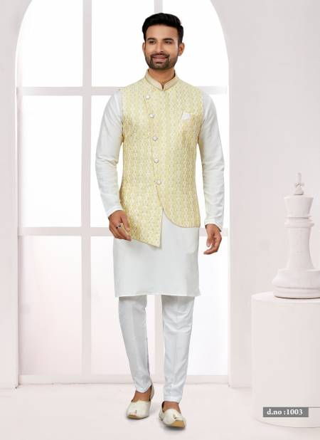 Yellow White Colour Function wear Lakhnavi Mens wear Modi Jacket Kurta Pajama Catalog 1003