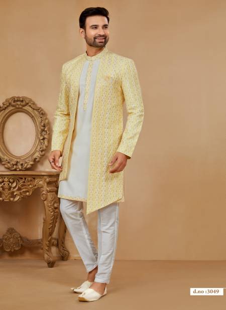 Yellow and Off White Colour Party wear Exclusive Indo Western Mens wear Catalog 3049