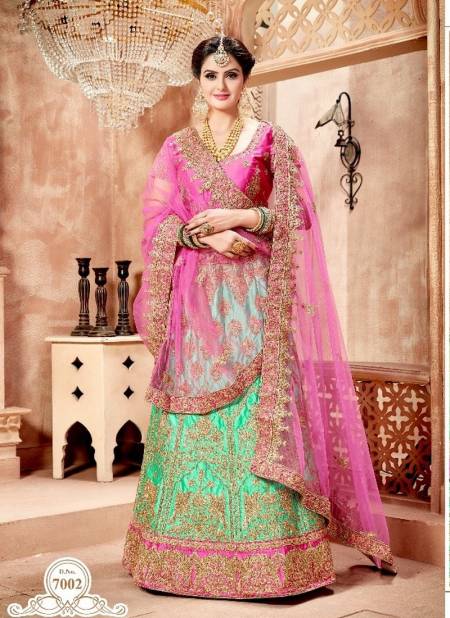 Green And Sky Blue Zikkra Heavy Embroidery Silk Double Dupatta Designer Lehenga Choli 7002 Catalog
