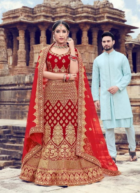 Red Zikkra Embroidery Work Designer Velvet Bridal Lehenga Choli Collection 10004 Catalog