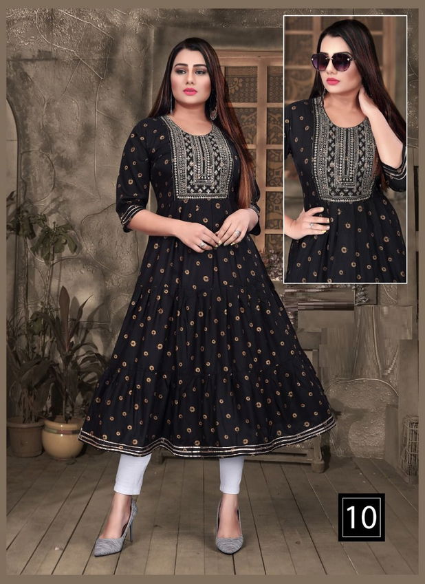 Aagya Golden Alexa Rayon Printed fancy Wear Designer Long Kurti Collection