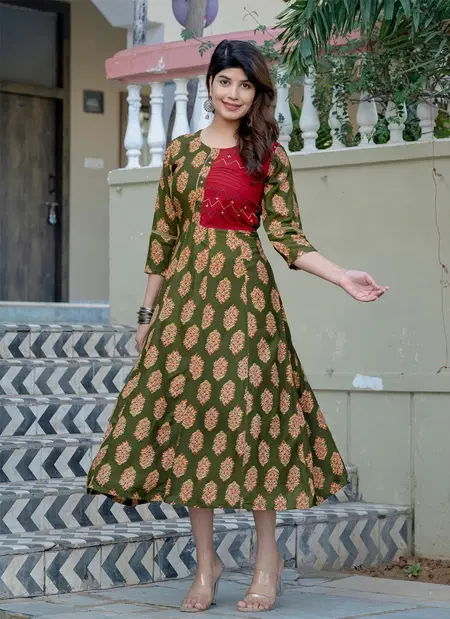 Aaradhna 2021 Dark Green Colour Rayon Printed A Line Kurti Wholesale Market In Surat