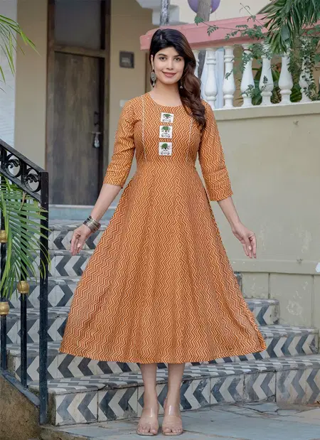 Aaradhna 2022 Rust Colour Rayon Printed Embroidery A Line Kurti Wholesale Online