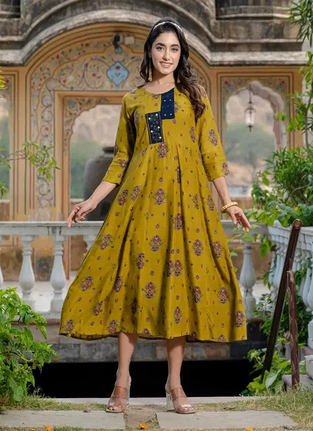 Aaradhna 2023 Mehendi Colour Rayon A Line Kurti Wholesale Market In Surat