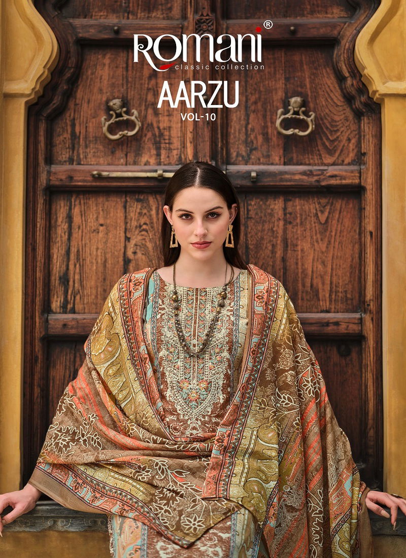 Aarzu Vol 10 By Romani Cotton Printed Embroidery Dress Material Orders In India Catalog