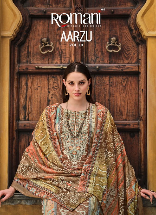 Aarzu Vol 10 By Romani Cotton Printed Embroidery Dress Material Orders In India