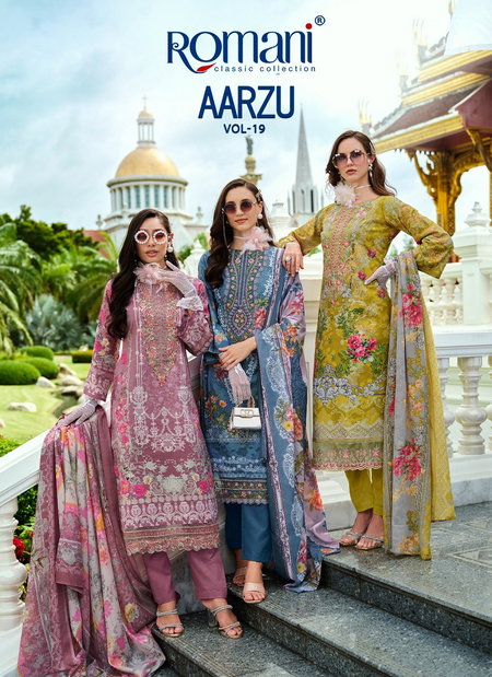 Aarzu Vol 19 By Romani Soft Cotton Printed Dress Material Suppliers In India
