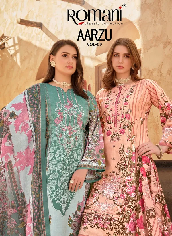 Aarzu Vol 9 By Romani Cotton Printed Embroidery Dress Material Wholesale Online