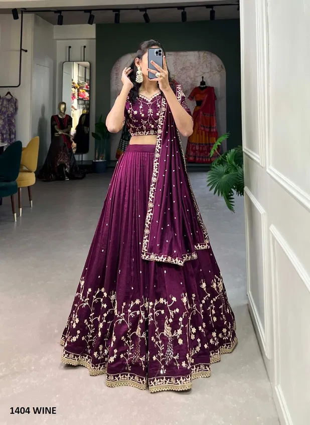 Aawiya 1404 Wine Vichitra Silk Wedding Wear Lehenga Choli Orders In india