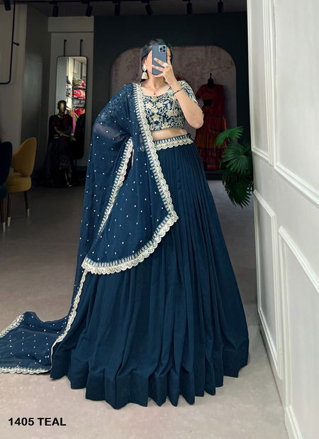 Aawiya 1405 Teal Designer Georgette Embroidery Wedding Wear Lehenga Choli Wholesale Price In Surat Catalog